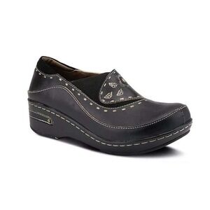 L Artiste Burbank Clogs Womens 39 Black Hand-Painted Floral Leather Slip On Boho